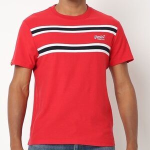 🔥Superdry Red Tee with Black and White Stripes Sz Medium New